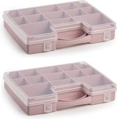 3x stuks opbergkoffertje/opbergdoos/sorteerboxen 13-vaks kunststof oud roze 27 x 20 x 3 cm - Sorteerdoos kleine spulletjes