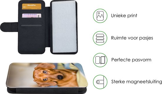 Etui pour iPhone XR Bookcase - Teckel allongé sur un lit - Avec compartiments - Etui portefeuille avec fermeture magnétique