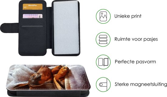 Étui pour iPhone XR Bookcase - Mignon teckel se trouve sous les couvertures - Avec poches - Étui portefeuille avec fermeture magnétique