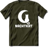 Nachtkat- Katten T-Shirt Kleding Cadeau | Dames - Heren - Unisex | Kat / Dieren shirt | Grappig Verjaardag kado | Tshirt Met Print | - Leger Groen - XL