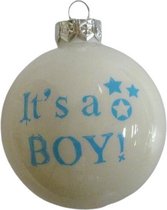 kerstbal It's a boy 8 cm glas wit/blauw