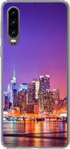 Geschikt voor Huawei P30 hoesje - New York - Skyline - Paars - Siliconen Telefoonhoesje