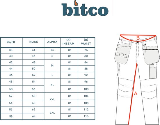 Bitco BTC16W Pantalon de travail de Travail Ultra -Stretch Homme Plâtre et Peinture Finition Water Cordura Poches pour Genouillères Poches à Outils Design Ergonomique Pratique et Confortable