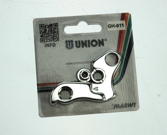 Zilverkleurige derailleurhanger GH-011 van Xtrabike in verpakking met Union logo.