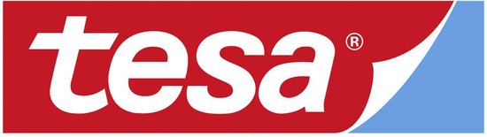 Logo Tesa sur fond rouge avec découpe bleue.