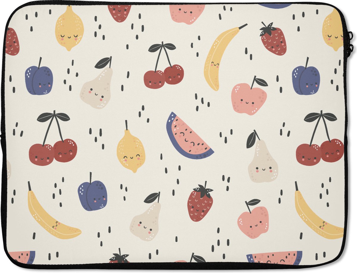 Laptophoes 17 inch - Design - Fruit - Kawaii - Patronen - Laptop sleeve - Binnenmaat 41x28 cm - Zwarte achterkant