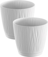 2x stuks stijlvolle kunststof plantenpot/bloempot dia 15 cm/hoogte 14 cm Waves wit voor binnen/buiten