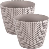 Set de 2x cache-pots/pots de fleurs en plastique dia 13 cm et hauteur 11 cm en beige/taupe pour usage intérieur/extérieur