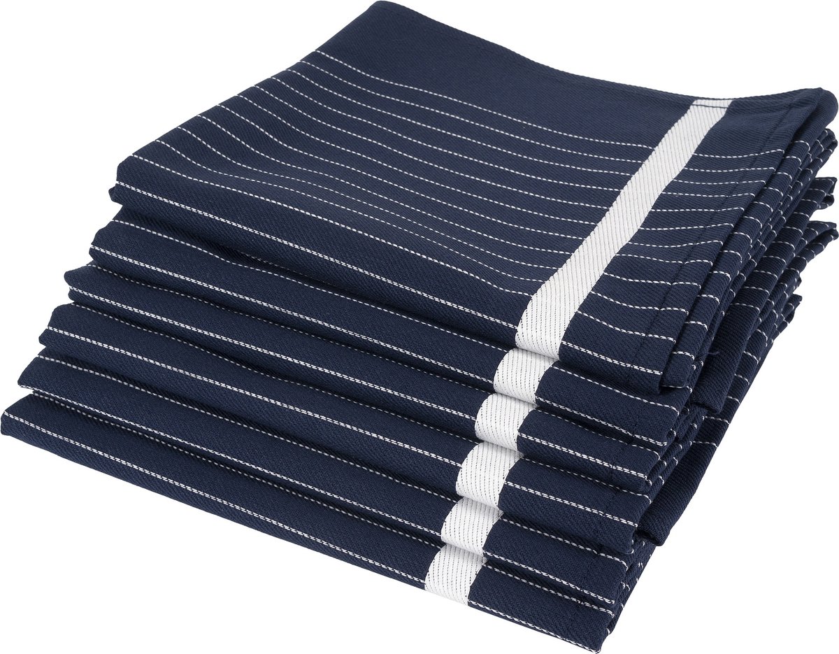 Twentse Damast Keuken Handdoeken - Hollandse Designs - Theedoeken Set - 6 stuks - 60x65 cm - Streep Marine Blauw
