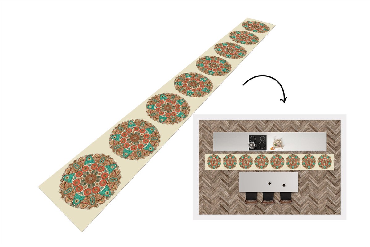 KitchenYeah Keukenloper - Keukenmat - Mandala - Patronen - Pauw - 480x60 cm - Keuken vloerkleed Multicolor
