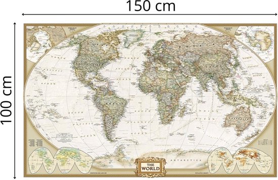 Rechte, vintage wereldkaart van 150 x 100 cm, met de tekst 'THE WORLD'.