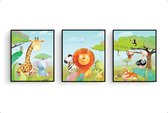 Schilderij Set 3 Dieren / Beestenboel Leeuw Tijger Giraf Olifant Aapje - Kinderkamer - Dierenschilderij - Babykamer / Kinderposter - Babyshower Cadeau - 50x40cm - FramedCity