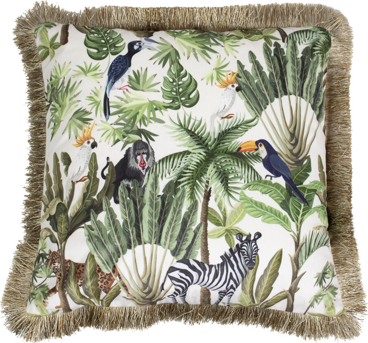 Mars & More Jungle toekan - sierkussen - gouden franjes - 45 x 45 cm Multicolor