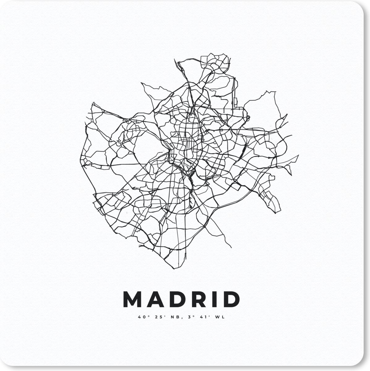 Muismat 30x30 cm - Mousepad Madrid - Plattegrond - Zwart Wit - Muismatten - Stadskaart