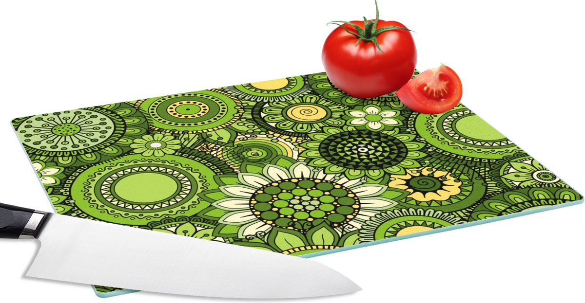 Glazen Snijplank - 28x20 - Bloemen - Groen - Patroon - Snijplanken Glas