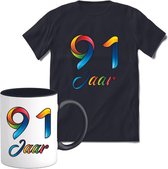 91 Jaar Vrolijke Verjaadag T-shirt met mok giftset Zwart | Verjaardag cadeau pakket set | Grappig feest shirt Heren – Dames – Unisex kleding | Koffie en thee mok | Maat S