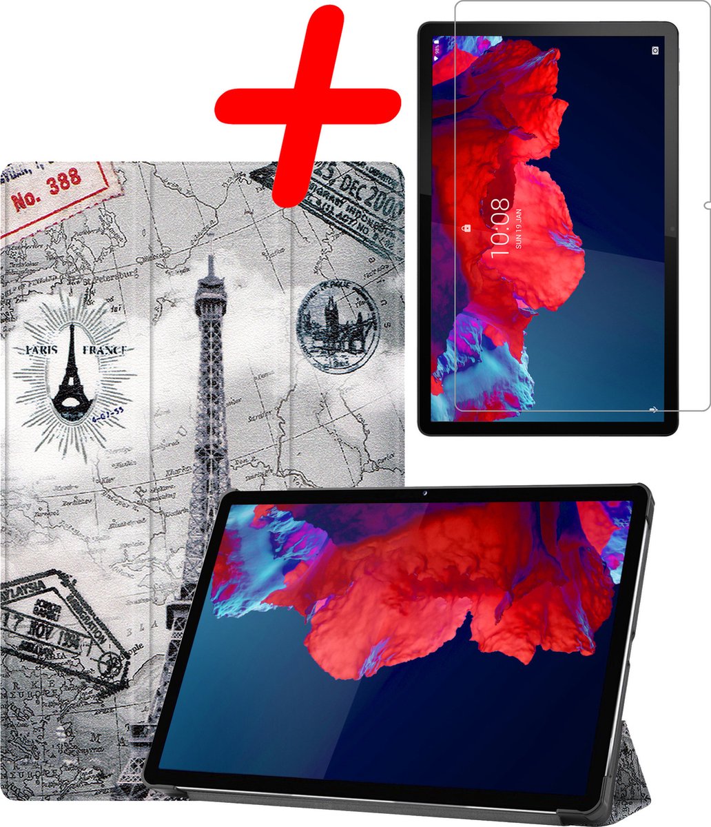 Hoesje Geschikt voor Lenovo Tab P11 - Met Screenprotector - Trifold Bookcase - Hard Cover - Hardcover Book Case - Tablet Hoes - Eiffeltoren