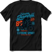 Extreme Downhill | TSK Studio Mountainbike kleding Sport T-Shirt | Blauw - Oranje | Heren / Dames | Perfect MTB Verjaardag Cadeau Shirt Maat S