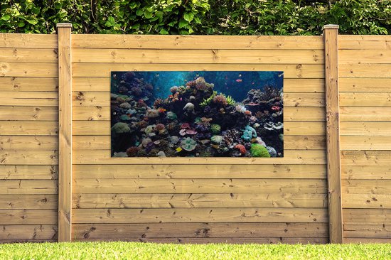 Affiche de clôture Aquarium avec poissons tropicaux et coraux - 200x100 cm - Toile de jardin