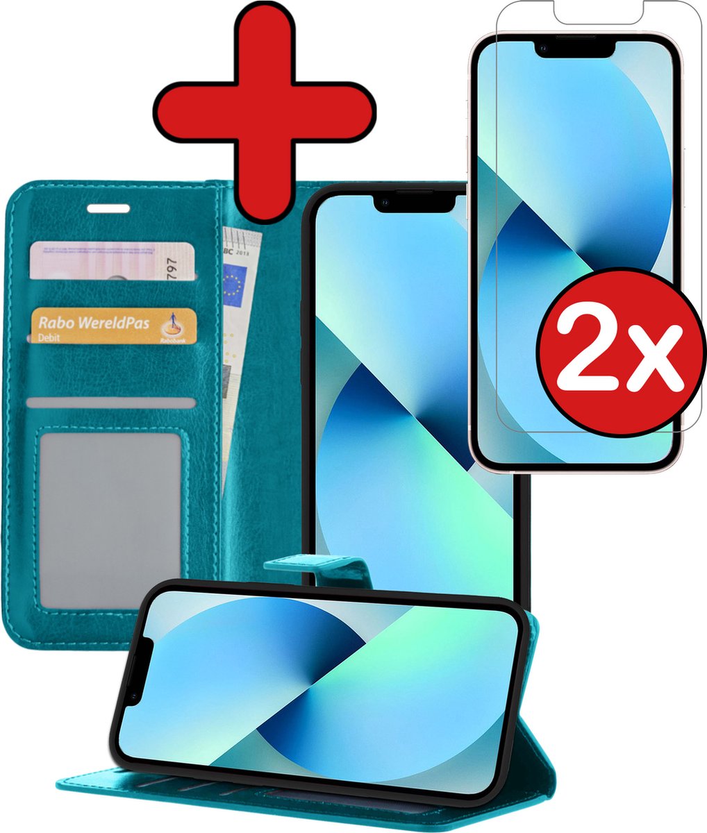 iPhone 13 Pro Hoesje Book Case Hoes Portemonnee Cover Met 2x Screenprotector - iPhone 13 Pro Case Hoesje Wallet Case - Turquoise