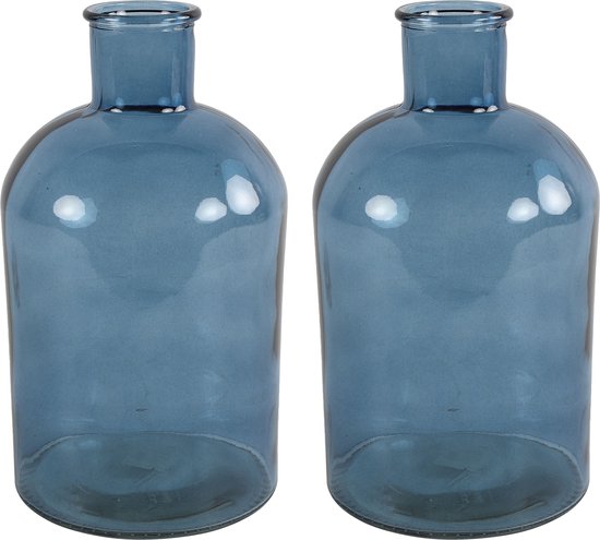 Countryfield bloemen/takken Vaas - 2x stuks - zeeblauw glas - fles - D14 x H27 cm
