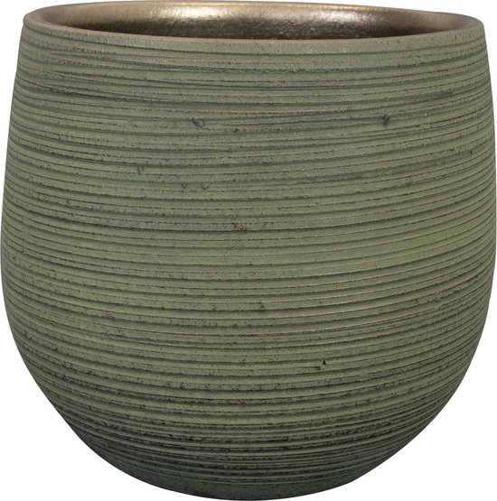 Steege Plantenpot/bloempot - keramiek - donkergroen stripes relief - D31/H28 cm