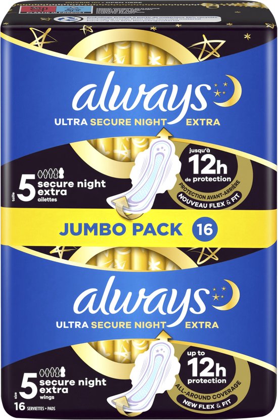 Always Ultra - Maandverband - Secure Night - Extra (maat 5) - Vleugels - Voordeelverpakking 8 x 16 stuks