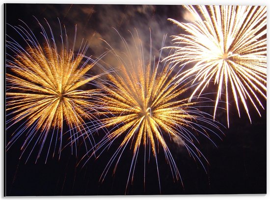 Dibond - Drie Vuurwerk Pijlen in de Nacht - 40x30 cm Foto op Aluminium (Met Ophangsysteem)