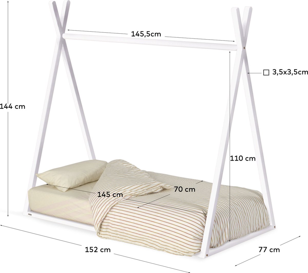 Kave Home - Maralis tipi bed van massief beukenhout met witte afwerking, voor matrassen van 70 x 140 c