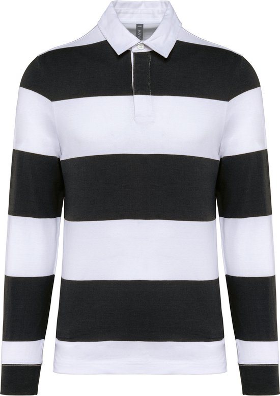 Unisex Kariban poloshirt met lange mouwen, zwart-wit gestreept, maat M.