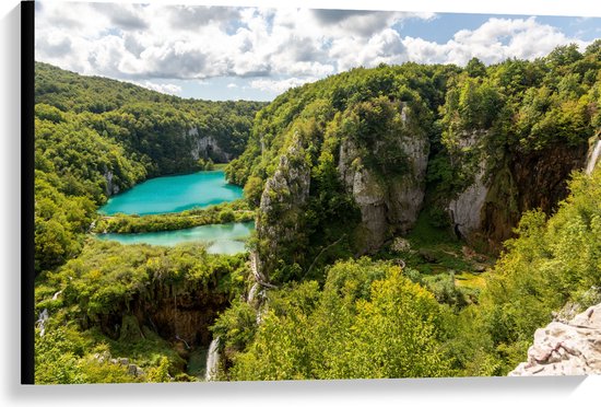 Canvas - Blauwe Wateren bij Planten in het Nationale Park Plitvicemeren, Kroatië - 90x60 cm Foto op Canvas Schilderij (Wanddecoratie op Canvas)