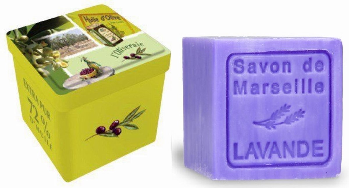 Metalen zeepblik vierkant met opdruk l'Oliveraie met zeepblok Lavendel – Vintage voorraadblik – Franse handzeep – Marseille zeep Marseillezeep