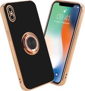 Cadorabo Hoesje geschikt voor Apple iPhone X / XS in Glossy Zwart - Goud met ring - Beschermhoes van flexibel TPU-silicone Case Cover met camerabescherming en magnetische autohouder