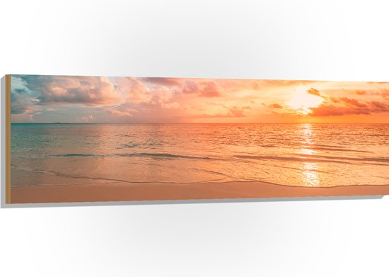 Hout - Oceaan met Prachtige Zonsondergang en Brede Horizon - 150x50 cm - 9 mm dik - Foto op Hout (Met Ophangsysteem)