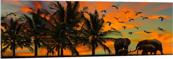 WallClassics - Acrylglas - Olifanten bij Palmbomen met Tropische Vogels - 150x50 cm Foto op Acrylglas (Met Ophangsysteem)