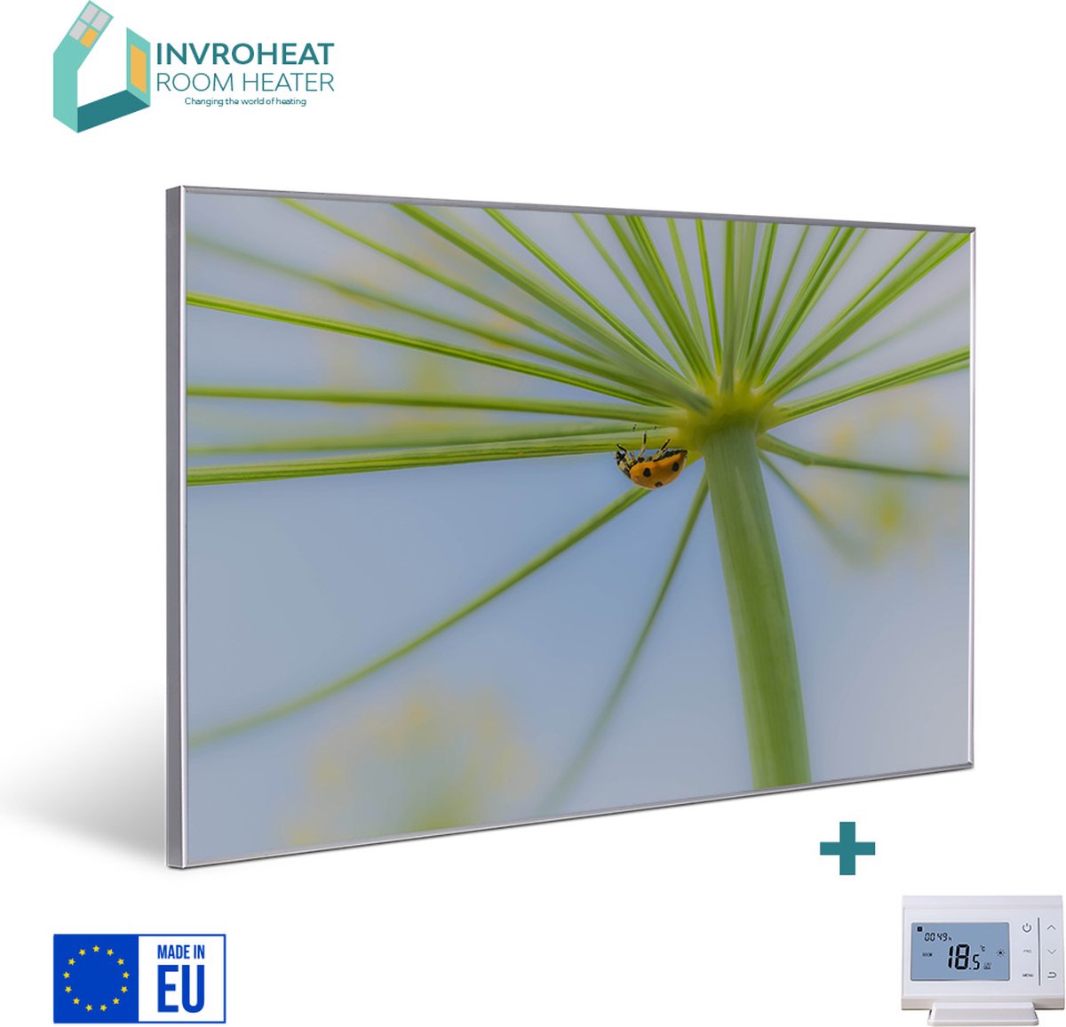 Invroheat infrarood paneel Lieveheersbeestje - 800Watt - 91.5x61cm - 16 m2 - afbeelding verwisselbaar - met display thermostaat - duurzaam en energiezuinig