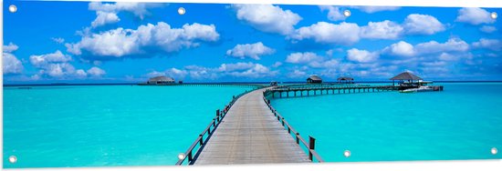 Tuinposter – Tropisch Resort met Steigers over Helder Blauwe Oceaan - 150x50 cm Foto op Tuinposter (wanddecoratie voor buiten en binnen)