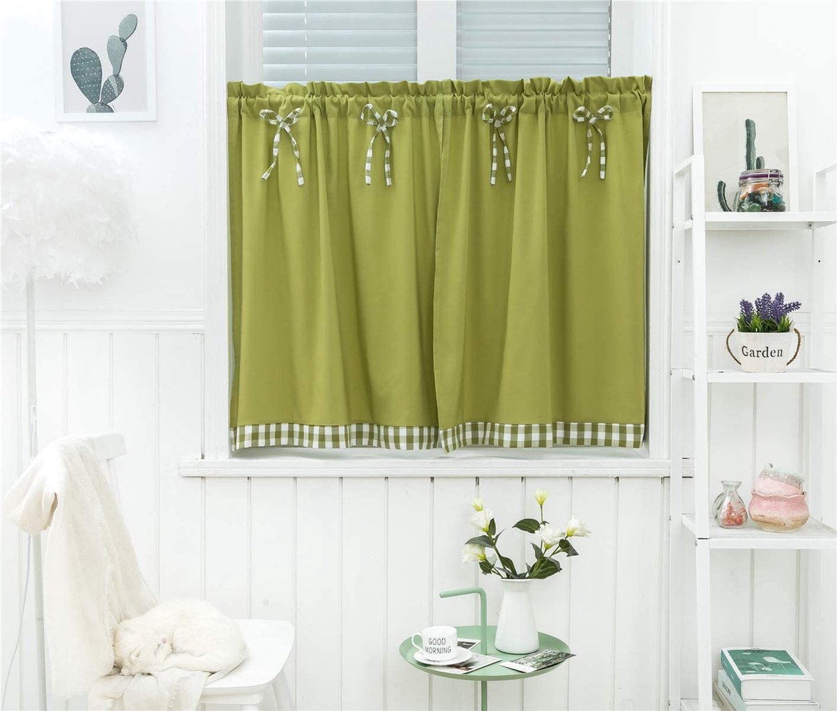 Dreamskull Korte gordijnen met klein venster, kort, landhuisstijl, ondoorzichtig, vitrage, korte gordijnen, modern, keuken, geruit, 90 cm hoog, set van 2 woonkamer, groen, 74 x 90 cm x 2