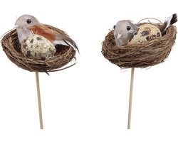 Paasartikelen - Doos á 6 Nestjes Met Vogel En Ei Op Stok Natural Ø 7cm