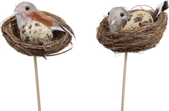 Articles de Pâques - Boîte de 6 Nids avec Vogel et Oeuf sur Bâton Natural Ø 7cm