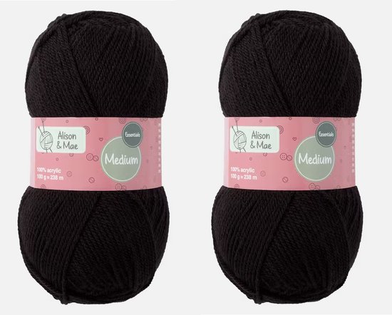 Laine à tricoter Alison & Mae | Noir | 2 ampoules | 4 - 5 mm d'épaisseur | 100% acrylique | 2x238m | 2x100g