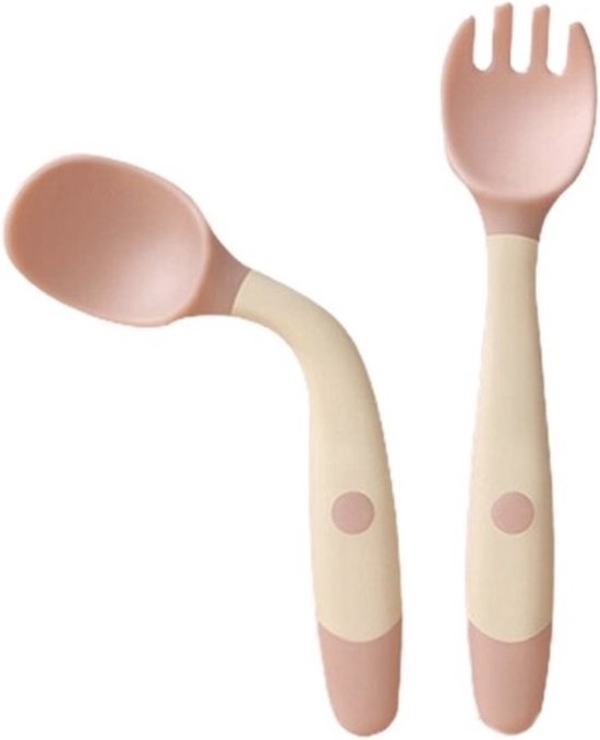 Baby Bestek Siliconen - Vork en Lepel - Buigzaam Oefenbestek - babyservies - Roze van Mimibixi — afbeelding 2
