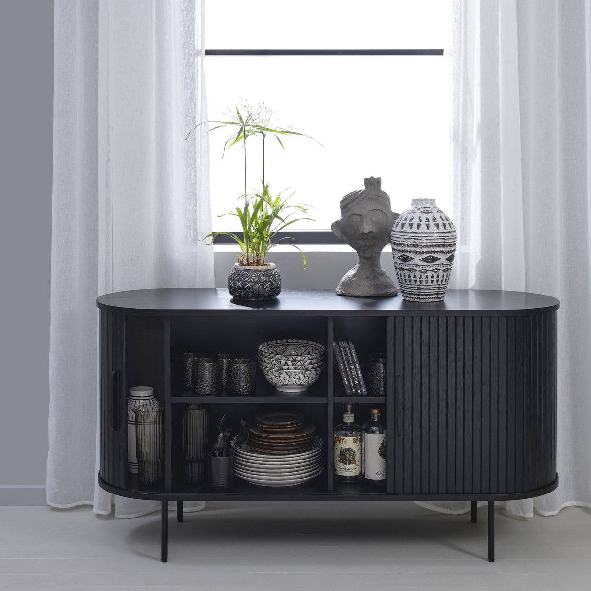Nordic Home Alicia - Buffet met 2 deuren, afgeronde hoeken, van hout en metaal, L140cm Zwart