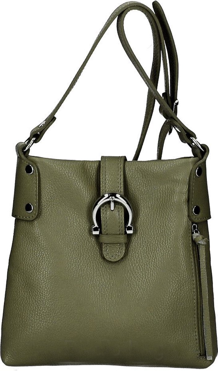 Schoudertas boho van echt Dollar-leer in MILITAIR GROEN kleur - metale stutting voor - schouderriem - ritssluiting
