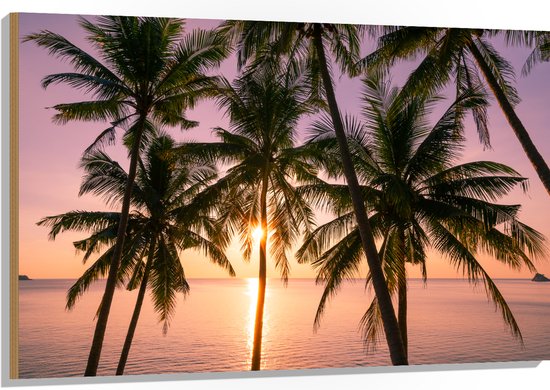 Hout - Tropische Palmbomen voor Oceaan en Zonsondergang - 120x80 cm - 9 mm dik - Foto op Hout (Met Ophangsysteem)