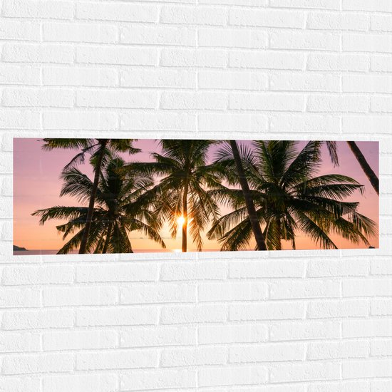 Muursticker - Tropische Palmbomen voor Oceaan en Zonsondergang - 120x40 cm Foto op Muursticker