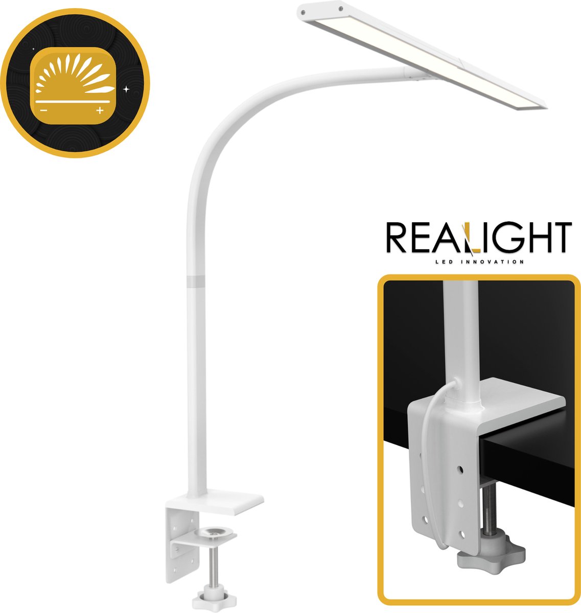 Realight bureaulamp – Daglichtlamp – Klemlamp – Thuiswerkplek Monitor lamp – Handwerklamp – Borduurlamp – Hobbylamp daglicht - Bureaulamp led - bureaulamp led dimbaar – LED – Met Klem – Wit – Dimbaar