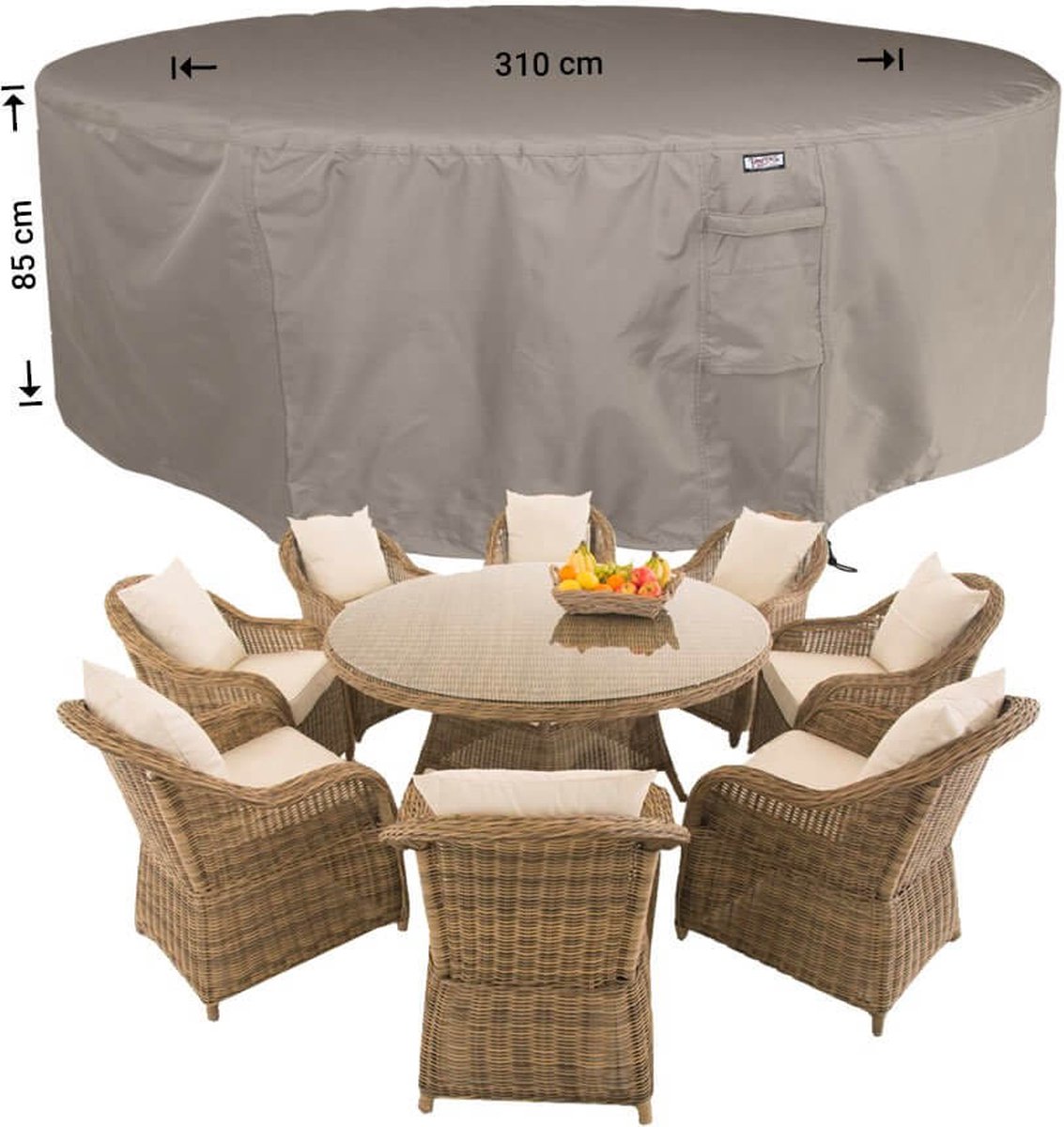 Raffles Covers ronde tuinsethoes - ⌀ 310 H: 85 cm - RDSR310 - Waterdicht - Ademend - UV-bestendig - Trekkoord - Beschermhoes tuinmeubelen Taupe