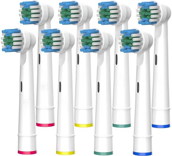 Tien opzetborstels voor elektrische tandenborstels met gekleurde ringen aan de onderkant: rood, geel, groen en blauw.