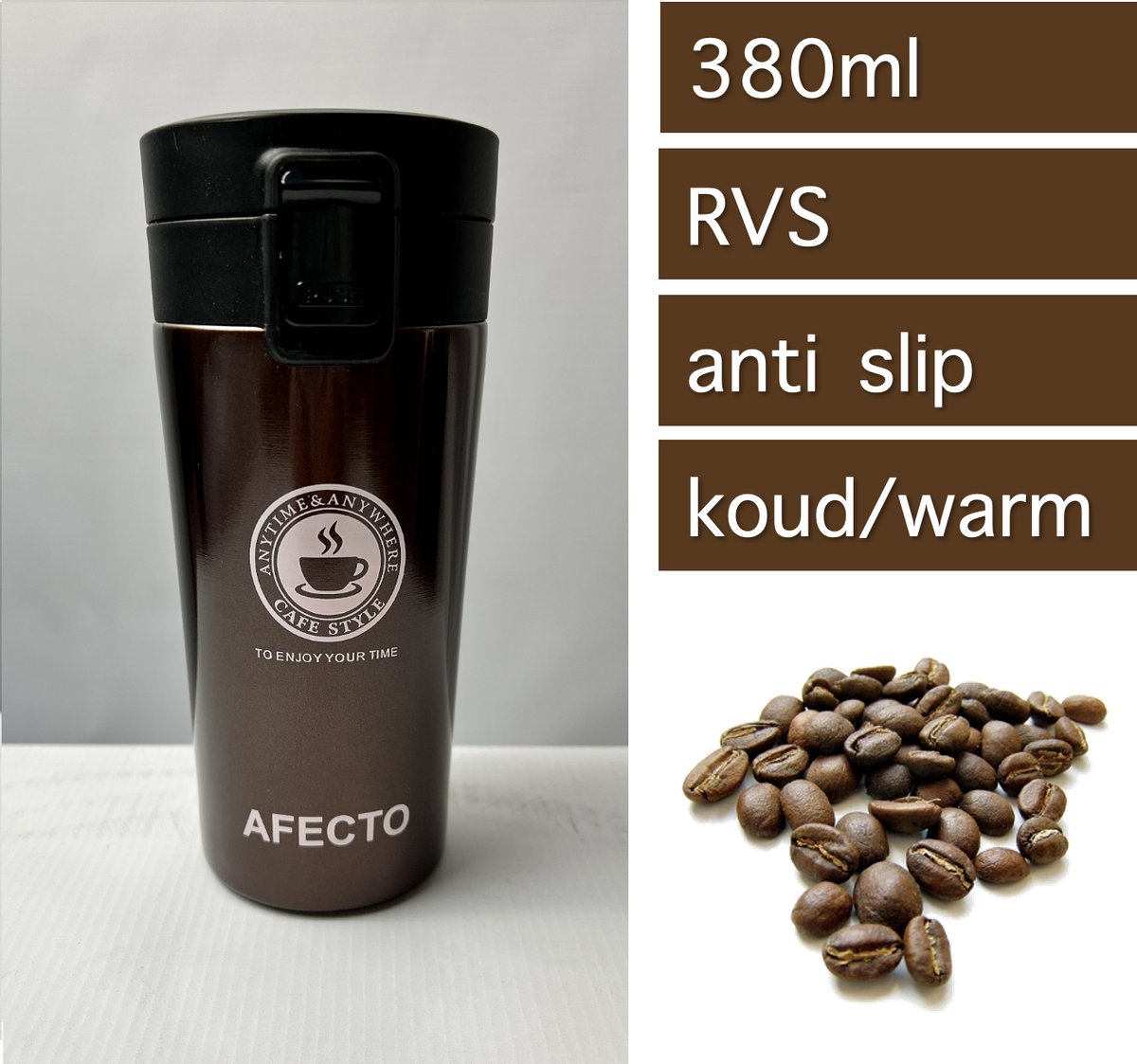 COFFEE TO GO BEKER - bruin - 380ml - DUBBELWANDIG - RVS